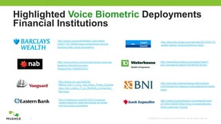 © 2002-2012 Nuance Communications, Inc. All rights reserved.4
Highlighted Voice Biometric Deployments
Financial Institutions
http://www.computerweekly.com/news/
2240179218/Barclays-streamlines-phone-
banking-with-voice-biometrics
http://www.zdnet.com/au/nab-touts-voice-as-
superior-biometrics-over-
fingerprints-7000007637/
http://www.cio.com/article/
686441/2011_CIO_100_How_Three_Compa
nies_Are_Using_IT_to_Rethink_Consumer_
Services
http://voicebiocon.com/2013/03/12/nuance-
targets-password-reset-technology-for-small-
and-mid-sized-businesses/
http://www.bloomberg.com/apps/news?
pid=newsarchive&sid=aF9oH5v36.Mo
http://security-today.com/articles/2010/05/12/
israeli-banks-voice-biometrics.aspx
http://security.networksasia.net/content/
indonesias-bni-deploys-mfa-password-reset-
ease
http://www.businesswire.com/news/home/
20100415005768/en/Top-3-Israeli-Banks-
Roll-Customer-Facing
 
