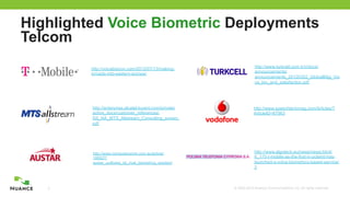 © 2002-2012 Nuance Communications, Inc. All rights reserved.5
Highlighted Voice Biometric Deployments
Telcom
http://enterprise.alcatel-lucent.com/private/
active_docs/customer_references/
SS_NA_MTS_Allstream_Consulting_screen.
pdf
http://www.computerworld.com.au/article/
186527/
austar_outfoxes_its_rival_biometrics_solution/
http://www.speechtechmag.com/Articles/?
ArticleID=67963
http://www.turkcell.com.tr/c/docs/
announcements/
announcements_20120302_GlobalBilgi_Voi
ce_bio_and_satisfaction.pdf
http://voicebiocon.com/2012/07/13/making-
inroads-into-eastern-europe/
http://www.algotech.eu/news/news.html/
8_170-t-mobile-as-the-first-in-poland-has-
launched-a-voice-biometrics-based-service/
2
 