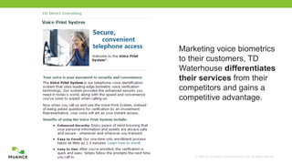 © 2002-2012 Nuance Communications, Inc. All rights reserved.8
Marketing voice biometrics
to their customers, TD
Waterhouse differentiates
their services from their
competitors and gains a
competitive advantage.
 