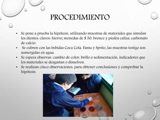 PROCEDIMIENTO 
• Se pone a prueba la hipótesis, utilizando muestras de materiales que simulan 
los dientes: clavos: hierro; monedas de $ 50: bronce y piedra caliza: carbonato 
de calcio. 
• Se cubren con las bebidas Coca Cola, Fanta y Sprite; las muestras testigo son 
sumergidas en agua. 
• Se espera observar: cambio de color, brillo o sedimentación, indicadores que 
los materiales se desgastan o disuelven. 
• Se realizan cinco observaciones, para obtener conclusiones y comprobar la 
hipótesis. 
 