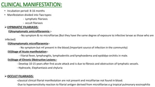 CLINICAL MANIFESTATION:
• Incubation period: 8-16 months
• Manifestation divided into Two types:
- Lymphatic filariasis
- occult filariasis
LYPMHATIC FILARIASIS:
(i)Asymptomatic amicrofilaraemia :-
- No symptom & no microfilariae.(But they have the same degree of exposure to infective larvae as those who are
infected)
(ii)Asymptomatic microfilaraemia:-
- No symptom but mf present in the blood.(Important source of infection in the community)
(iii)Stage of Acute manifestation:-
- Filarial fever, lymphangitis, lymphadenitis and lymphoedema and epididyo-orchitis in male.
(iv)Stage of Chronic Obstructive Lesions:-
- Develop 10-15 years after first acute attack and is due to fibrosis and obstruction of lymphatic vessels.
- Hydrocele, Elephantiasis and chyluria
OCCULT FILARIASIS:
-classical clinical filarial manifestation are not present and micofilariae not found in blood.
-Due to hypersensitivity reaction to filarial antigen derived from microfilariae.e.g tropical pulmonary eosinophilia
 