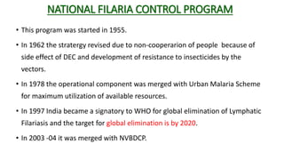 NATIONAL FILARIA CONTROL PROGRAM
• This program was started in 1955.
• In 1962 the stratergy revised due to non-cooperarion of people because of
side effect of DEC and development of resistance to insecticides by the
vectors.
• In 1978 the operational component was merged with Urban Malaria Scheme
for maximum utilization of available resources.
• In 1997 India became a signatory to WHO for global elimination of Lymphatic
Filariasis and the target for global elimination is by 2020.
• In 2003 -04 it was merged with NVBDCP.
 