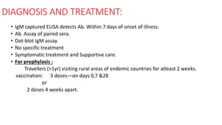 DIAGNOSIS AND TREATMENT:
• IgM captured ELISA detects Ab. Within 7 days of onset of illness.
• Ab. Assay of paired sera.
• Dot-blot IgM assay.
• No specific treatment
• Symptomatic treatment and Supportive care.
• For prophylaxis :
Travellers (>1yr) visiting rural areas of endemic countries for atleast 2 weeks.
vaccination: 3 doses—on days 0,7 &28
or
2 doses 4 weeks apart.
 