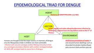 EPIDEMIOLOGICAL TRIAD FOR DENGUE
AGENT
HOST
ENVIRONMENT
VECTOR
flavivirus (4 SEROTYPES DEN-1,2,3 &4)
Aedes aegypti and aedes albopictus(becomes infective by
feeding on a patient from the day before onset to the 5th of
illness.)
Artificial accumulations of water in
and around human dwellings such as
discarded tins,broken bottles,flower
pots,coconut shells,earthen pots etc
Humans are thought to be the major source, or reservoir, of Dengue
virus for Mosquitoes.Under-5 children are more vulnerable.
Infection with any one serotype confers lifelong immunity to that
virus serotype).secondary infection with another serotype/multiple
inf. With diff. serotype leads to severe form of dengue.
 