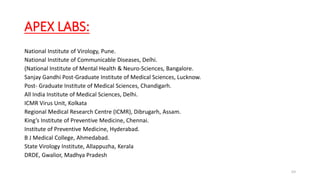 APEX LABS:
National Institute of Virology, Pune.
National Institute of Communicable Diseases, Delhi.
(National Institute of Mental Health & Neuro-Sciences, Bangalore.
Sanjay Gandhi Post-Graduate Institute of Medical Sciences, Lucknow.
Post- Graduate Institute of Medical Sciences, Chandigarh.
All India Institute of Medical Sciences, Delhi.
ICMR Virus Unit, Kolkata
Regional Medical Research Centre (ICMR), Dibrugarh, Assam.
King’s Institute of Preventive Medicine, Chennai.
Institute of Preventive Medicine, Hyderabad.
B J Medical College, Ahmedabad.
State Virology Institute, Allappuzha, Kerala
DRDE, Gwalior, Madhya Pradesh
69
 