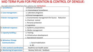 MID TERM PLAN FOR PREVENTION & CONTROL OF DENGUE:
Key eight elements of Mid Term Plan called as the ‘OCTALOGUE
1. Surveillance : a.Disease Surveillance
b .Entomological Surveillance
2. Case management : a. Laboratory diagnosis
b.Clinical management
3.Vector management: a. Environmental management for Source Reduction
b. Chemical control
c. Personal protection
d. Legislation
4. Outbreak response : a. Epidemic preparedness
b. Media management
5. Capacity building : a. Training
b. Infrastructure development
c. Operational research
6. Behaviour Change
Communication:- a. Social mobilization
b. IEC
7. Inter-sectoral coordination: Health & non health sector
8. Monitoring & Supervision: Review, field visit , feedback
 