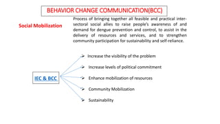 BEHAVIOR CHANGE COMMUNICATION(BCC)
Process of bringing together all feasible and practical inter-
sectoral social allies to raise people’s awareness of and
demand for dengue prevention and control, to assist in the
delivery of resources and services, and to strengthen
community participation for sustainability and self-reliance.
Social Mobilization
IEC & BCC
 Increase the visibility of the problem
 Increase levels of political commitment
 Enhance mobilization of resources
 Community Mobilization
 Sustainability
 
