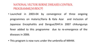 • Launched in 2003-04 by convergence of three ongoing
programmes on malaria,filaria & Kala Azar and inclusion of
Japanese Encephalitis and Dengue/DHF.In 2007 chikungunya
fever added to this programme due to re-emergence of the
diseases in 2006.
• This program is now runs under the umbrella of NRHM.
NATIONAL VECTOR BORNE DISEASES CONTROL
PROGRAMME(NVBDCP)
 