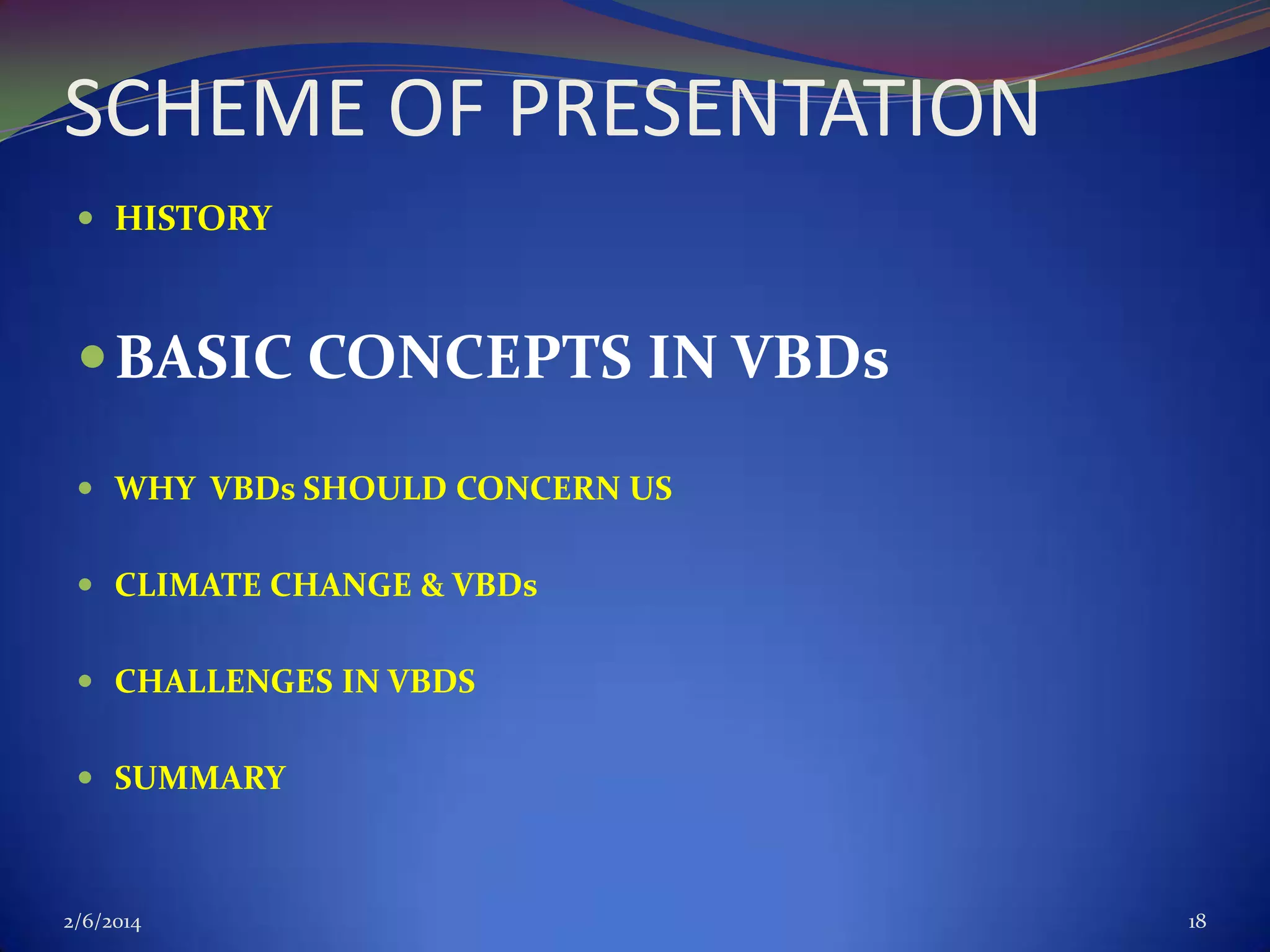 SCHEME OF PRESENTATION
 HISTORY

 BASIC CONCEPTS IN VBDs
 WHY VBDs SHOULD CONCERN US
 CLIMATE CHANGE & VBDs
 CHALLENGES IN VBDS
 SUMMARY

2/6/2014

18

 