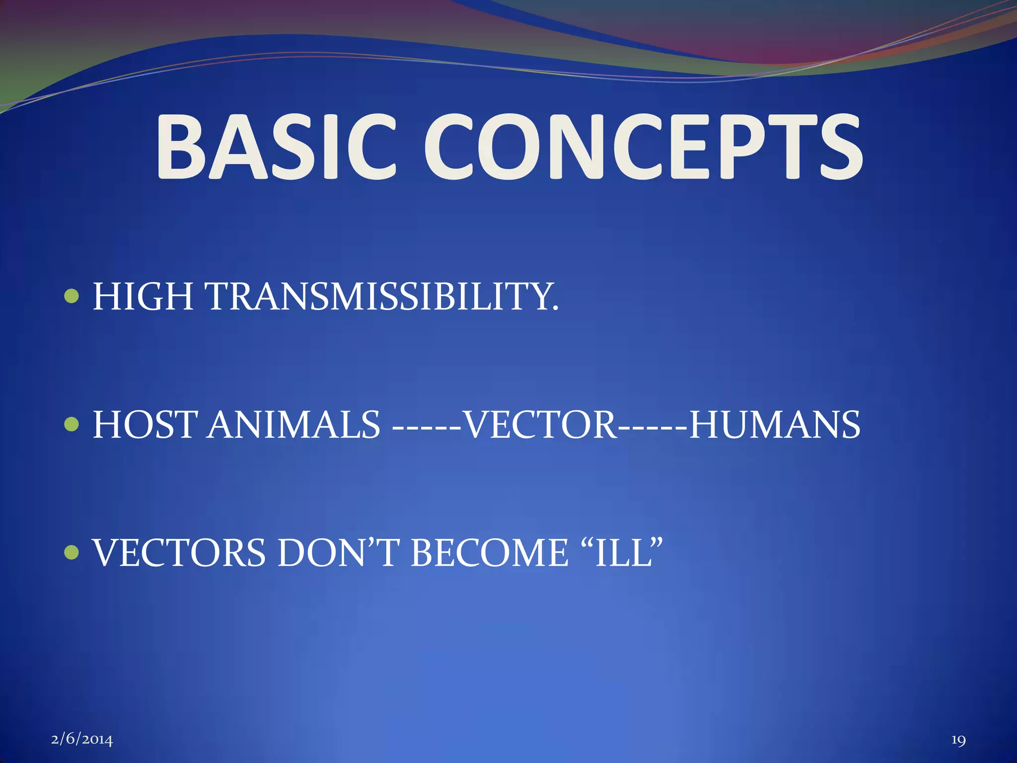 BASIC CONCEPTS
 HIGH TRANSMISSIBILITY.
 HOST ANIMALS -----VECTOR-----HUMANS
 VECTORS DON’T BECOME “ILL”

2/6/2014

19

 
