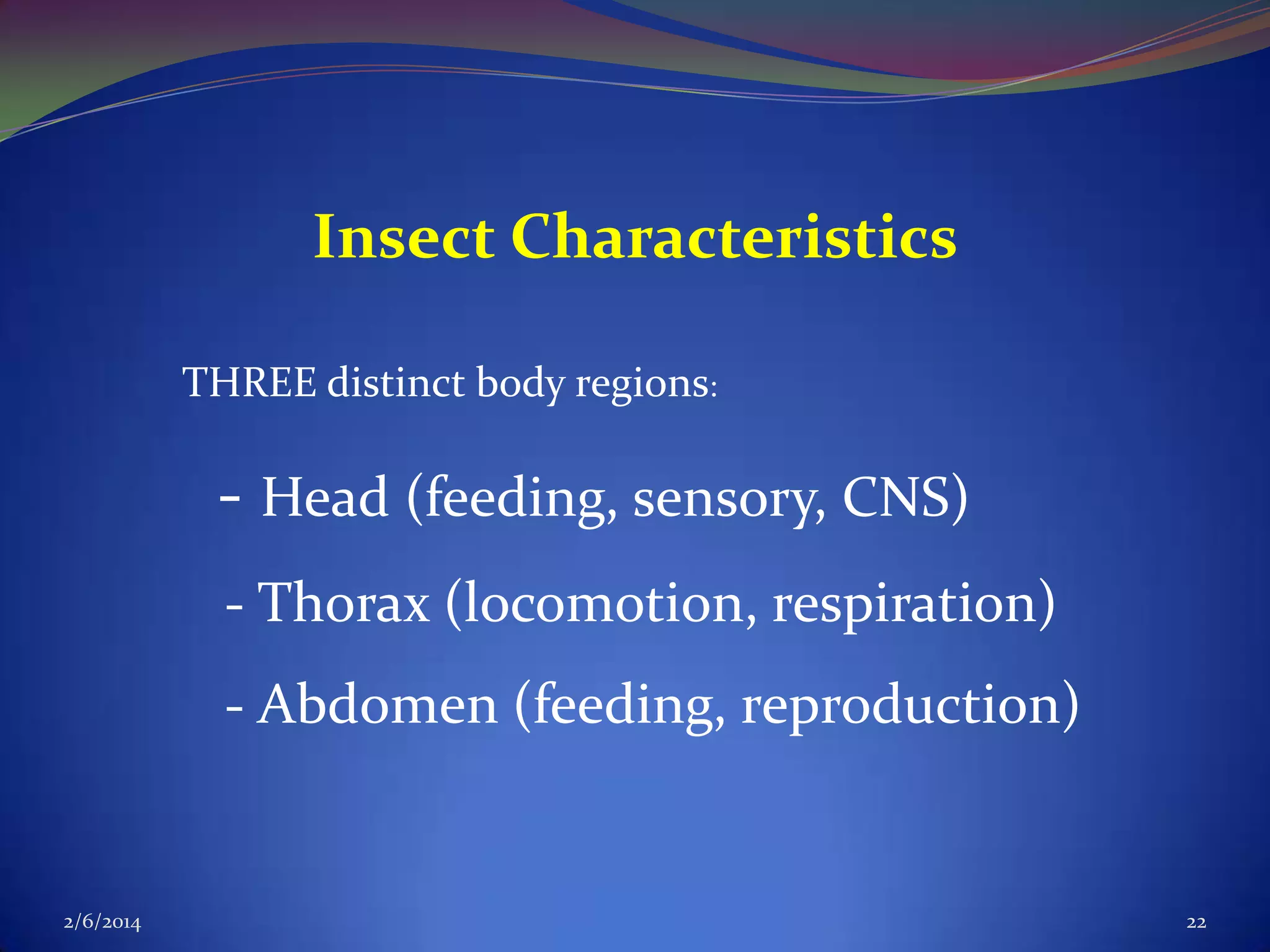 Insect Characteristics
THREE distinct body regions:

- Head (feeding, sensory, CNS)
- Thorax (locomotion, respiration)
- Abdomen (feeding, reproduction)

2/6/2014

22

 