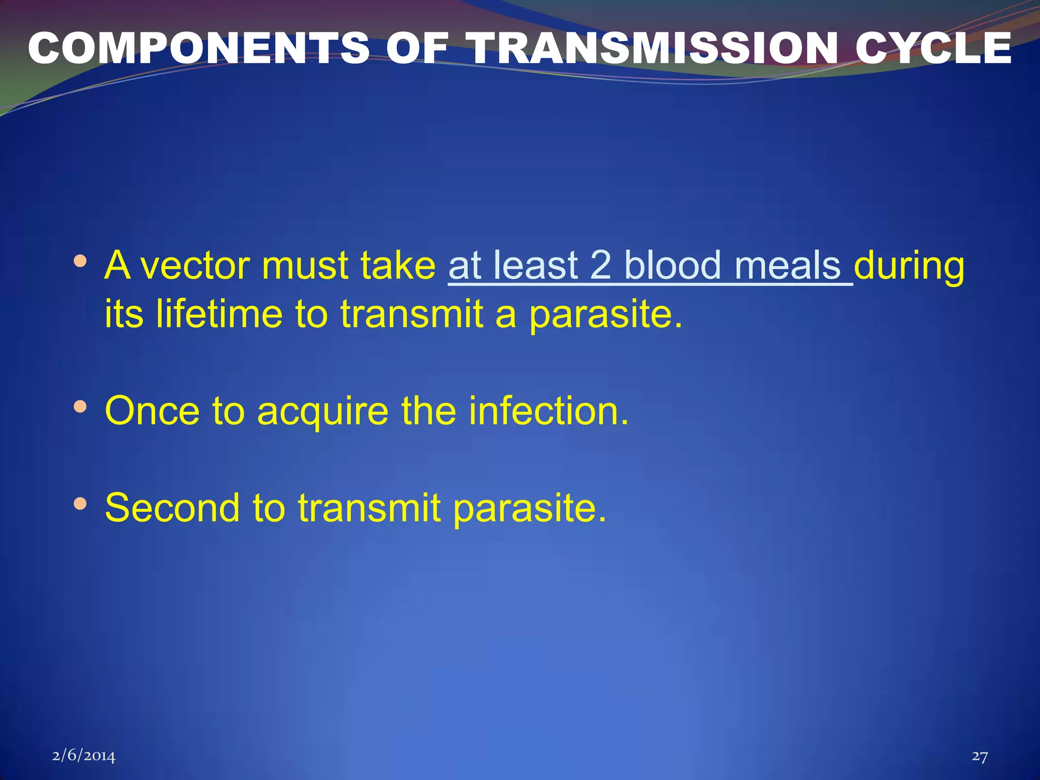 COMPONENTS OF TRANSMISSION CYCLE

• A vector must take at least 2 blood meals during
its lifetime to transmit a parasite.

• Once to acquire the infection.
• Second to transmit parasite.

2/6/2014

27

 