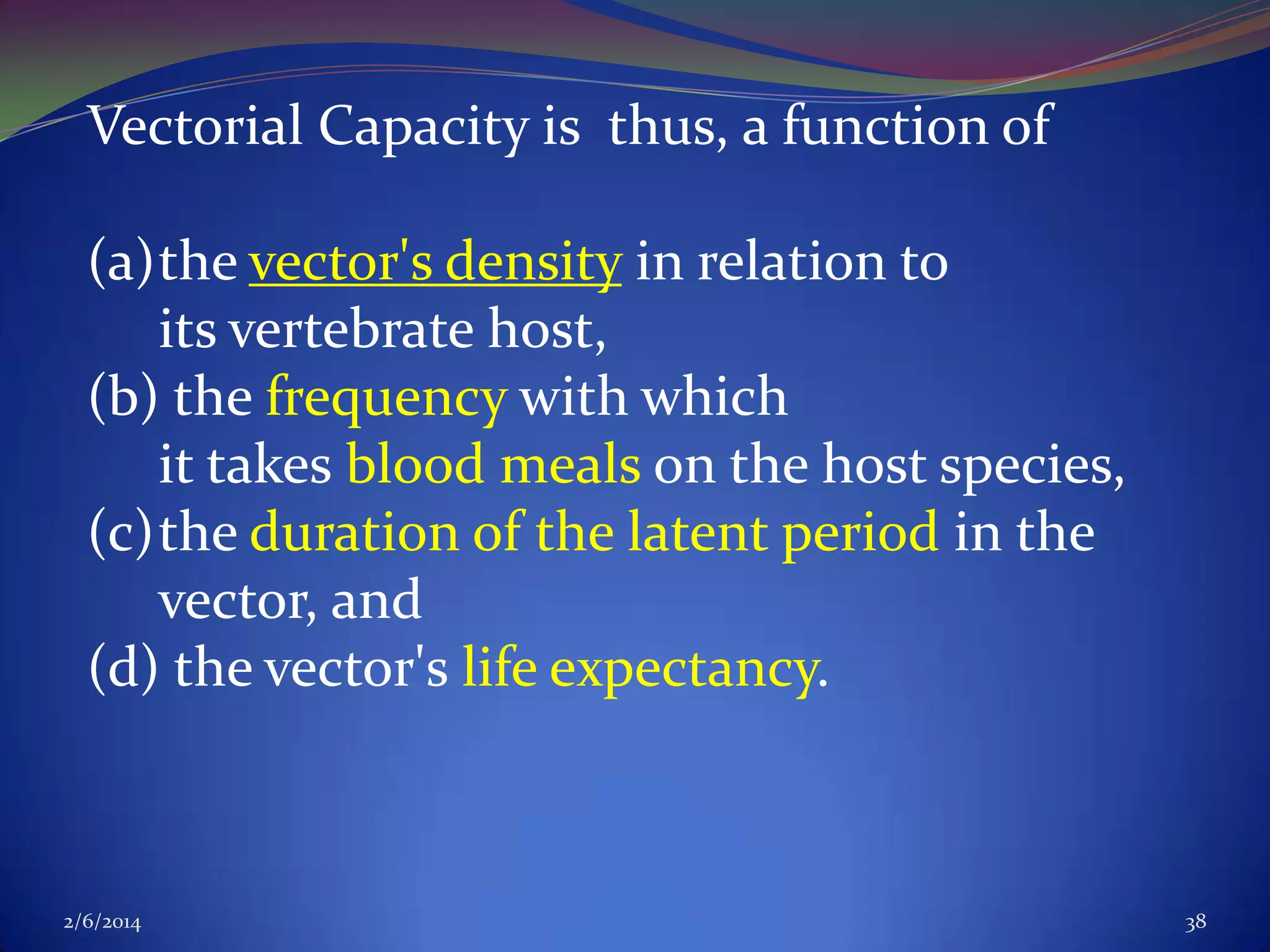 Vectorial Capacity is thus, a function of
(a)the vector's density in relation to
its vertebrate host,
(b) the frequency with which
it takes blood meals on the host species,
(c)the duration of the latent period in the
vector, and
(d) the vector's life expectancy.

2/6/2014

38

 