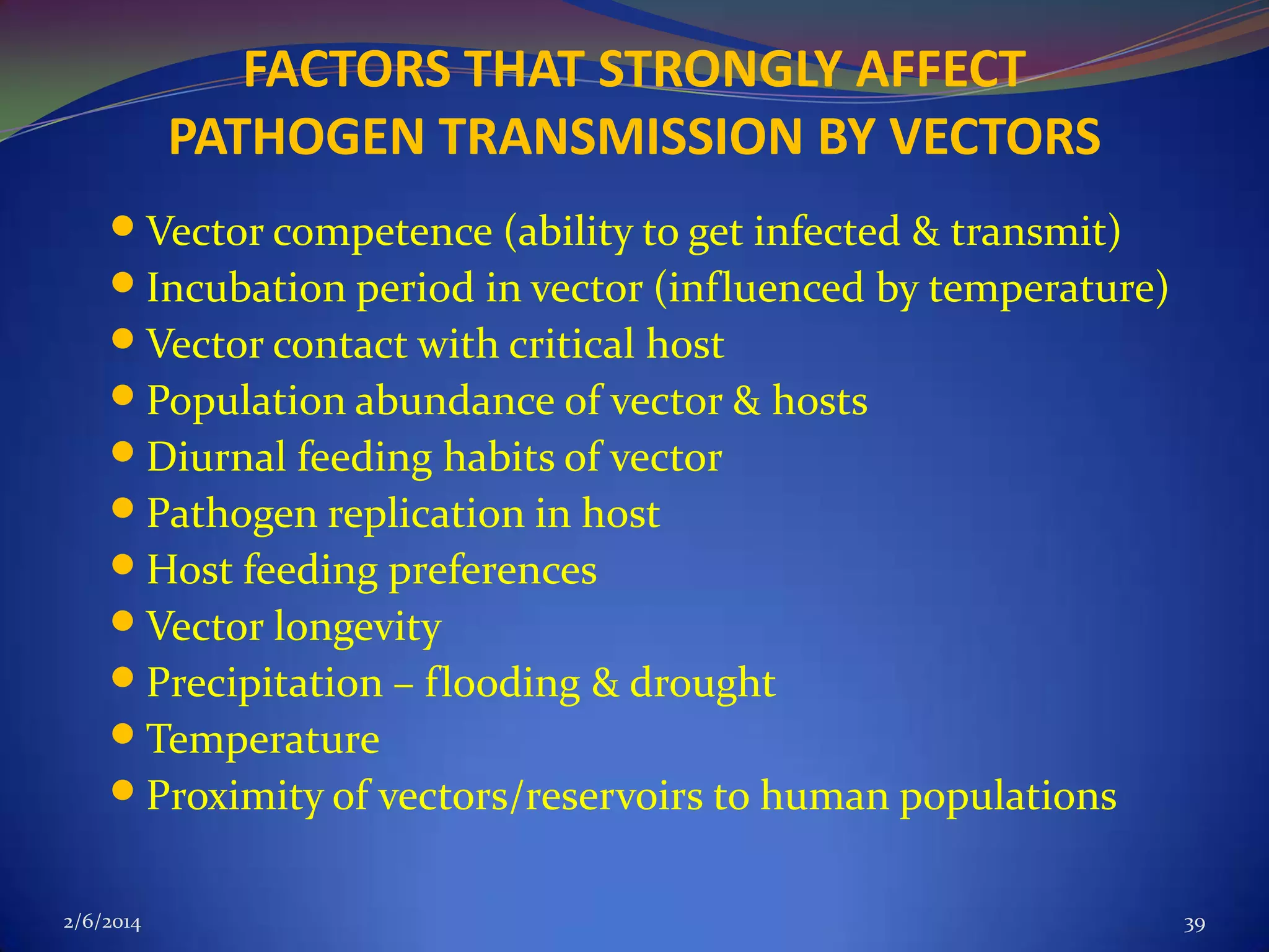 FACTORS THAT STRONGLY AFFECT
PATHOGEN TRANSMISSION BY VECTORS
 Vector competence (ability to get infected & transmit)
 Incubation period in vector (influenced by temperature)
 Vector contact with critical host
 Population abundance of vector & hosts
 Diurnal feeding habits of vector
 Pathogen replication in host
 Host feeding preferences
 Vector longevity
 Precipitation – flooding & drought
 Temperature
 Proximity of vectors/reservoirs to human populations
2/6/2014

39

 