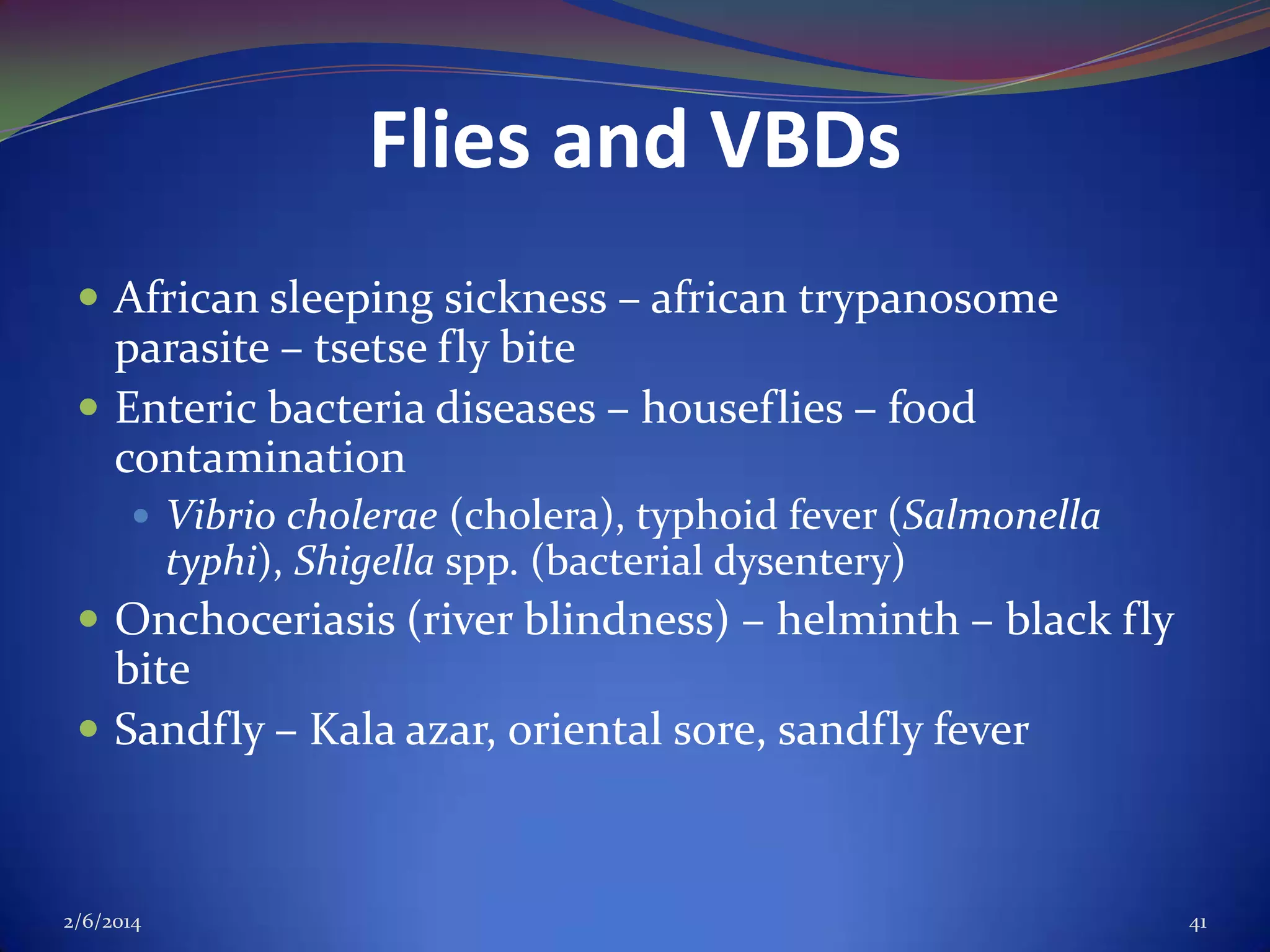 Flies and VBDs
 African sleeping sickness – african trypanosome

parasite – tsetse fly bite
 Enteric bacteria diseases – houseflies – food
contamination
 Vibrio cholerae (cholera), typhoid fever (Salmonella

typhi), Shigella spp. (bacterial dysentery)

 Onchoceriasis (river blindness) – helminth – black fly

bite
 Sandfly – Kala azar, oriental sore, sandfly fever

2/6/2014

41

 