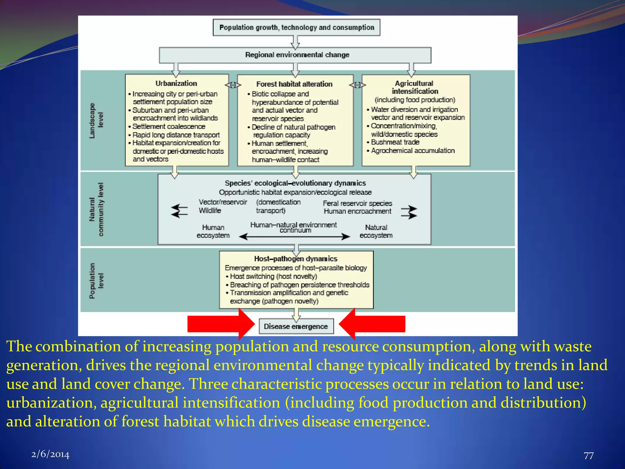 The combination of increasing population and resource consumption, along with waste
generation, drives the regional environmental change typically indicated by trends in land
use and land cover change. Three characteristic processes occur in relation to land use:
urbanization, agricultural intensification (including food production and distribution)
and alteration of forest habitat which drives disease emergence.
2/6/2014

77

 