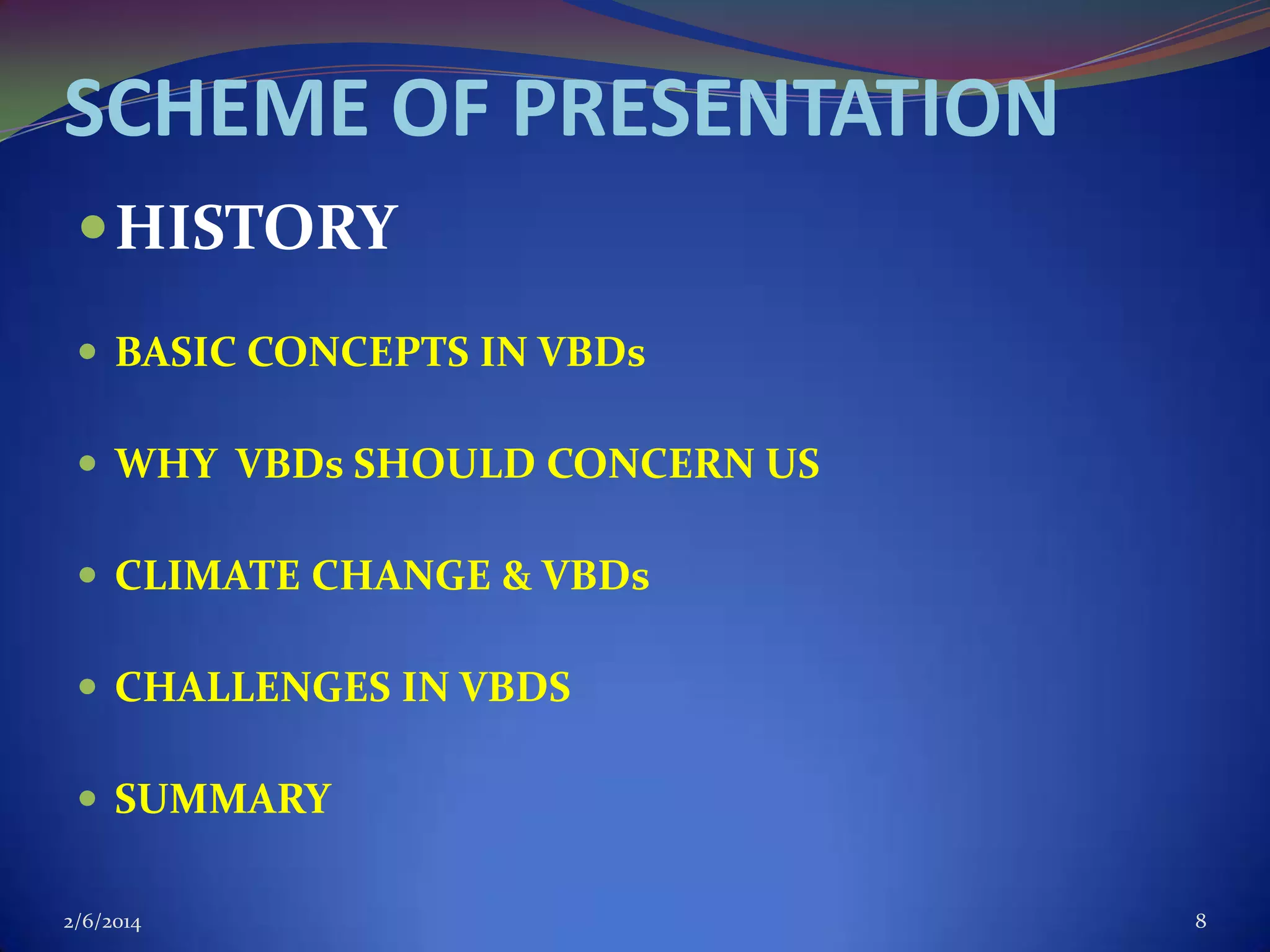 SCHEME OF PRESENTATION
 HISTORY
 BASIC CONCEPTS IN VBDs
 WHY VBDs SHOULD CONCERN US
 CLIMATE CHANGE & VBDs
 CHALLENGES IN VBDS
 SUMMARY
2/6/2014

8

 