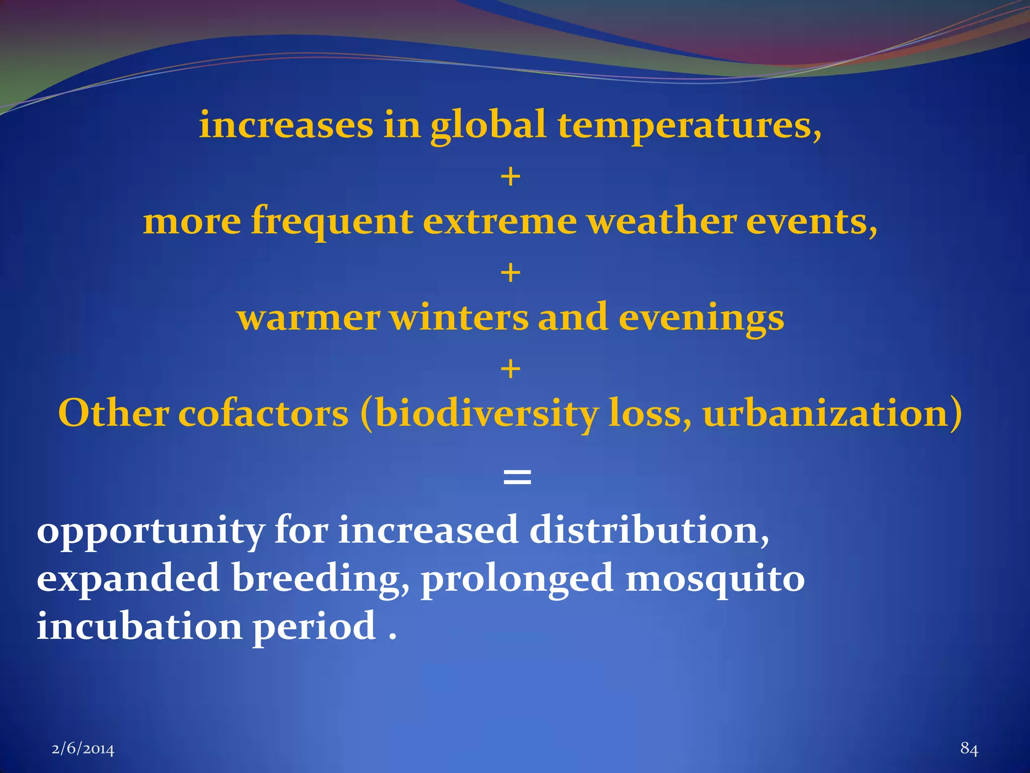 increases in global temperatures,
+
more frequent extreme weather events,
+
warmer winters and evenings
+
Other cofactors (biodiversity loss, urbanization)

=
opportunity for increased distribution,
expanded breeding, prolonged mosquito
incubation period .
2/6/2014

84

 