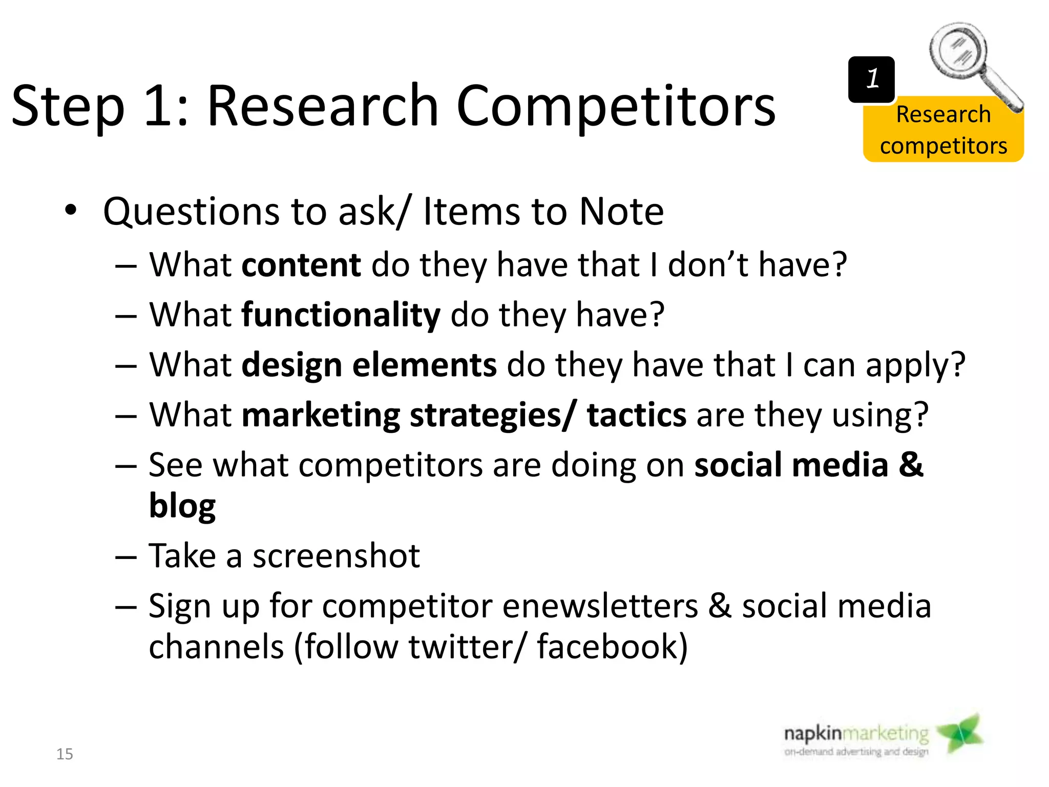 Sample Competitor Review
15
Research
competitors
1
 