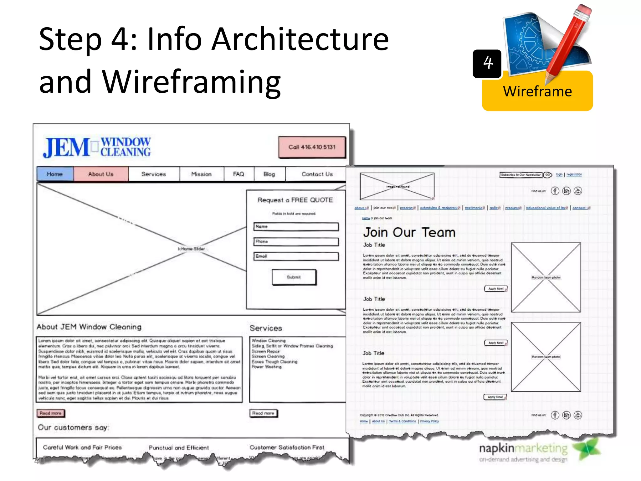 Step 4: Info Architecture
and Wireframing Wireframe
4
• Why Wireframe?
– See your website visually for 1st time
– Create a more user friendly site
– Place the most important elements in the most prominent positions
(information hierarchy)
– Get the business owner/ designer/ programmer on the same page &
give feedback early on.
• Tools for Wireframing:
– Balsamiq
– Axure
– Powerpoint
– Pencil and paper
40
 
