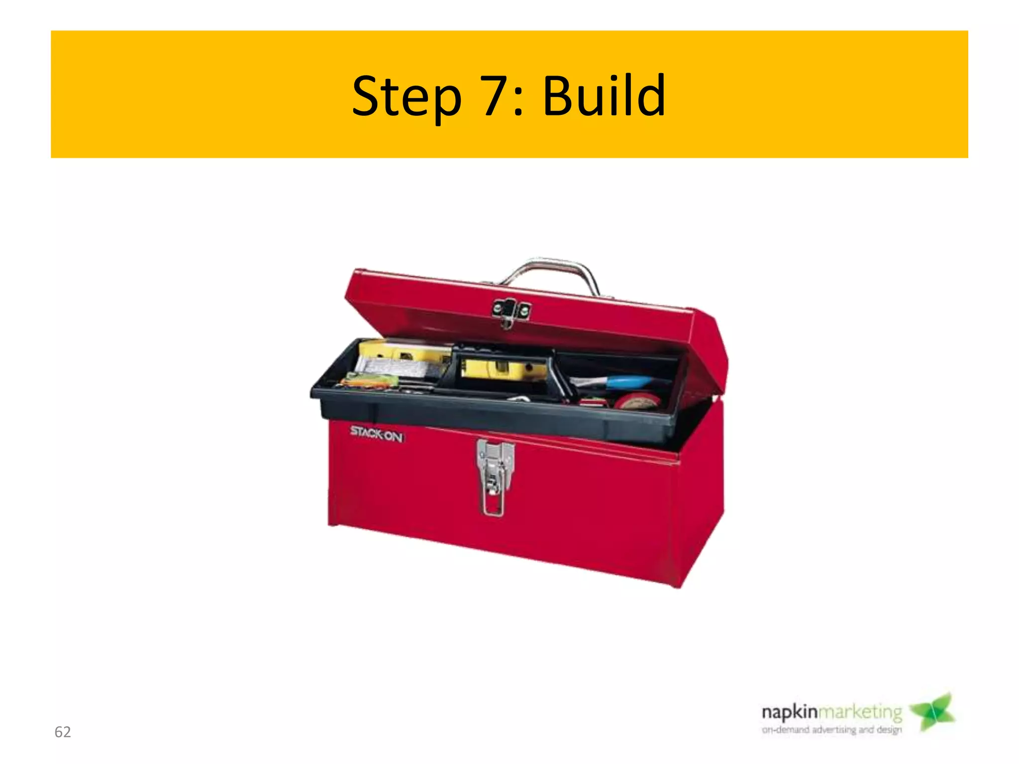 Good Resources
Objective:
• Take the approved design (PSD) from the designer,
and put all the HTML code behind it.
• Add CMS, database, ecommerce and other
functionality onto your site.
What You Need To Know:
• Build your site on a common CMS
• Look up plugins and software-as-a-service (SAAS)
solutions to save time and money programming
62
Code/ Build
7
 