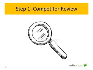 Step 1: Research Competitors
• Objective:
– Determine who’s the best in your category
– Research ideas you can borrow and ...
