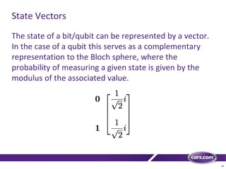14
State Vectors
The state of a bit/qubit can be represented by a vector.
In the case of a qubit this serves as a complementary
representation to the Bloch sphere, where the
probability of measuring a given state is given by the
modulus of the associated value.
 