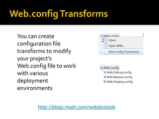 You can create
configuration file
transforms to modify
your project's
Web.config file to work
with various
deployment
environments
http://blogs.msdn.com/webdevtools
 