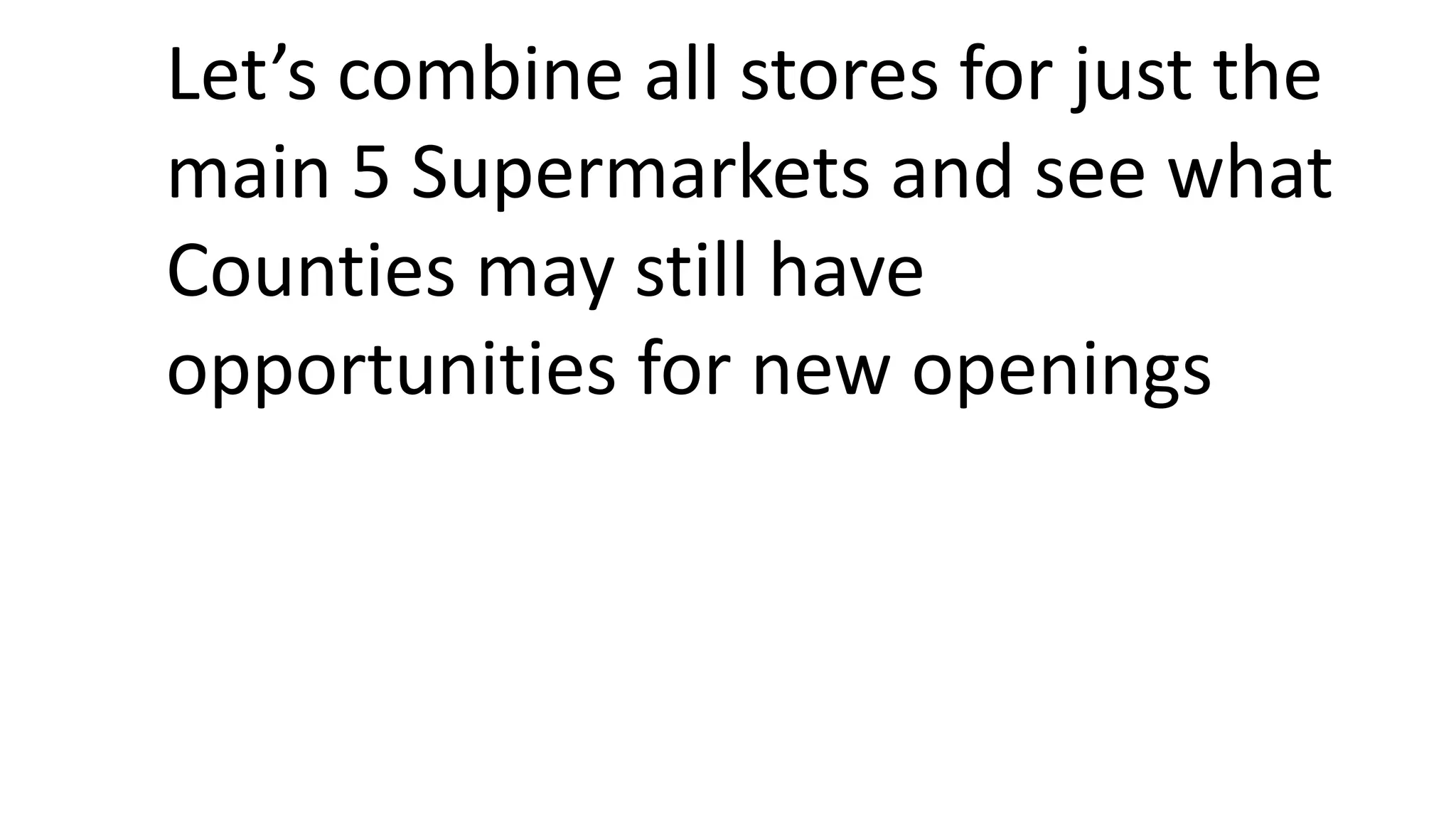 Let’s combine all stores for just the
main 5 Supermarkets and see what
Counties may still have
opportunities for new openings
 