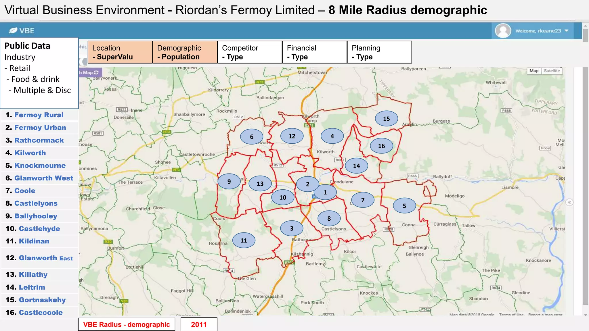1. Fermoy Rural
2. Fermoy Urban
3. Rathcormack
4. Kilworth
5. Knockmourne
6. Glanworth West
7. Coole
8. Castlelyons
9. Ballyhooley
10. Castlehyde
11. Kildinan
12. Glanworth East
13. Killathy
14. Leitrim
15. Gortnaskehy
16. Castlecoole
13
12
14
11
16
15
10
1
2
3
8
9
6 4
7
5
VBE Radius - demographic
Financial
- Type
Planning
- Type
Competitor
- Type
Demographic
- Population
Location
- SuperValu
Virtual Business Environment - Riordan’s Fermoy Limited – 8 Mile Radius demographic
Public Data
Industry
- Retail
- Food & drink
- Multiple & Disc
2011
 