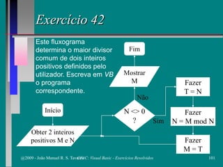 Início
Obter 2 inteiros
positivos M e N
Fim
N <> 0
?
Fazer
T = N
Fazer
M = T
Fazer
N = M mod N
Mostrar
M
Não
Sim
Exercício 42
Este fluxograma
determina o maior divisor
comum de dois inteiros
positivos definidos pelo
utilizador. Escreva em VB
o programa
correspondente.
@2009 - João Manuel R. S. Tavares 101CFAC: Visual Basic - Exercícios Resolvidos
 