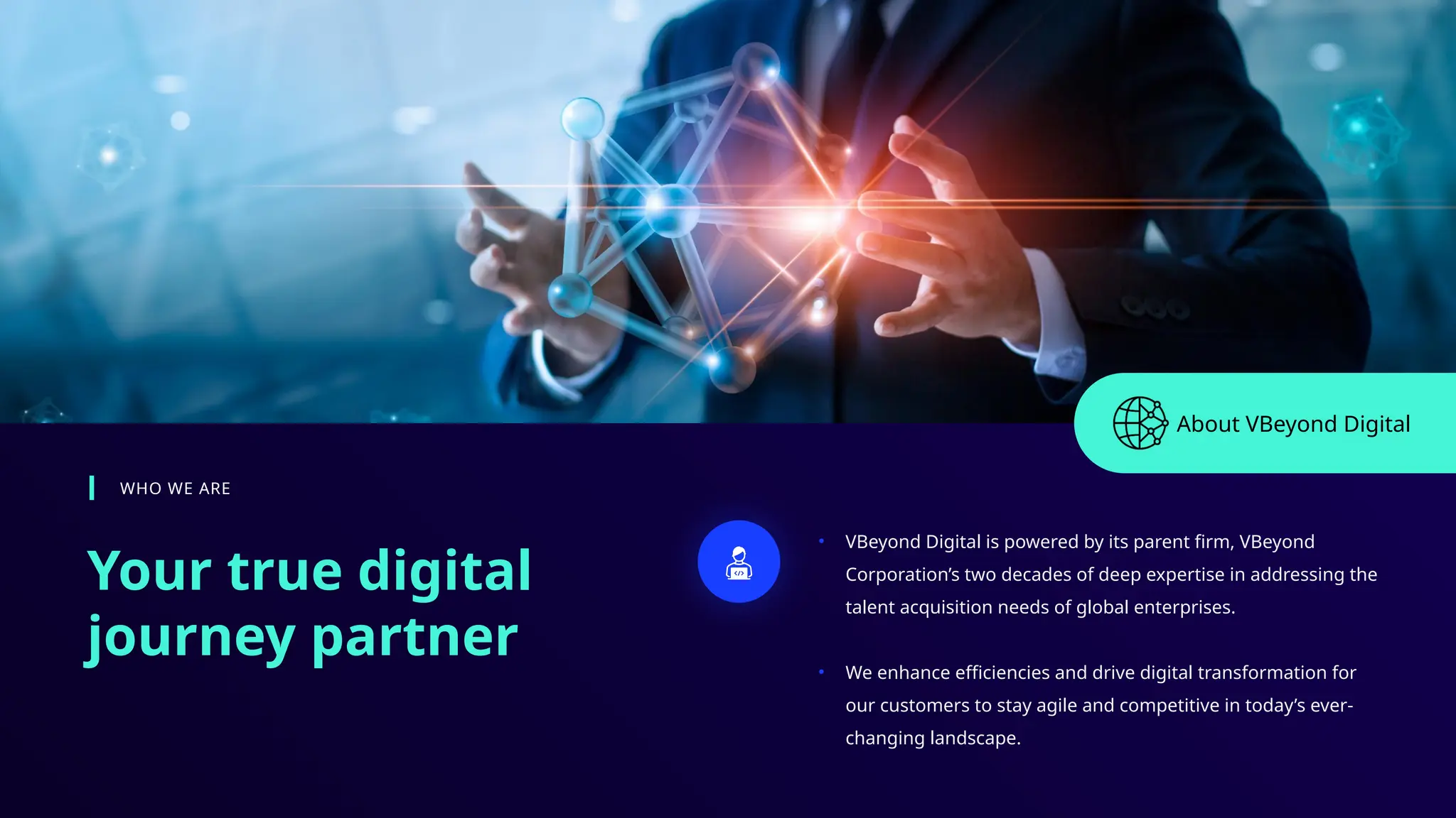 Your true digital
journey partner
WHO WE ARE
• VBeyond Digital is powered by its parent firm, VBeyond
Corporation’s two decades of deep expertise in addressing the
talent acquisition needs of global enterprises.
• We enhance efficiencies and drive digital transformation for
our customers to stay agile and competitive in today’s ever-
changing landscape.
About VBeyond Digital
 
