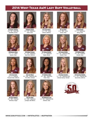 WWW.GOBUFFSGO.COM | @WTATHLETICS | #BUFFNATION 
2014 West Texas A&M Lady Buff Volleyball 
#2 Jessica Johnson 
6-0 | RS | Junior (RS) 
Snowflake, Arizona 
#3 Marisa Ochoa 
5-9 | OH | Sophomore 
Austin, Texas 
#4 Lauren Bevan 
5-11 | OH | Senior 
Ventura, California 
#5 Lexi Davis 
5-10 | MB | Junior 
Dumas, Texas 
#6 Kyli Schulz 
5-7 | S | Sophomore 
Spring, Texas 
#9 Kameryn Hayes 
5-11 | S | Senior 
Cypress, Texas 
#10 Hailey Prescher 
6-1 | OH | Sophomore 
Dana Point, California 
#11 Emma Eickhoff 
5-7 | S | Sophomore 
Topeka, Kansas 
#12 Lauren Britten 
5-2 | DS | Sophomore (RS) 
Amarillo, Texas 
#14 Sydney Harlan 
5-9 | OH | Freshman 
Amarillo, Texas 
#15 Corey Davis 
5-9 | S | Freshman 
Thousand Oaks, California 
#16 Leah Mayer 
6-0 | MB | Sophomore (RS) 
Fort Collins, Colorado 
#17 Brittany Selby 
6-2 | MB | Sophomore 
Sinton, Texas 
#18 Aspen Sanders 
5-7 | DS | Sophomore (RS) 
Colorado Springs, Colorado 
#19 Courtney Robledo 
5-11 | OH | Freshman (RS) 
Sacramento, California 
#22 Alex Hubbard 
6-5 | MB | Freshman 
Sherwood, Oregon 
#24 Cori Haley 
6-0 | MB | Sophomore 
Lovington, New Mexico 
#25 McKenzie Long 
5-2 | DS | Sophomore (RS) 
Andrews, Texas 
 