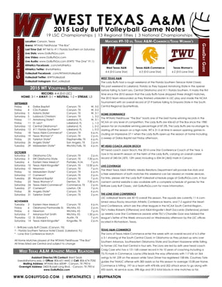 WWW.GOBUFFSGO.COM | @WTATHLETICS | #BUFFNATION
GameInformation
Location: Canyon, Texas
Arena: WTAMU Fieldhouse “The Box”
Last Time Out: WT fell to #11 Florida Southern on Saturday
Live Stats: www.GoBuffsGo.com
Live Video: www.GoBuffsGo.com
Live Audio: www.GoBuffsGo.com (KWTS “The One” 91.1)
Athletics Facebook: .com/wtathletics
Athletics Twitter: @wtathletics
Volleyball Facebook: .com/WTAMUVolleyball
Volleyball Twitter: @WTVolleyball
Volleyball Instagram: @wt_volleyball
Matches #9-10 vs. Texas A&M-Commerce/Texas Woman’s
GameDayGuide
West Texas A&M
4-4 (0-0 Lone Star)
Assistant Director/VB Contact: Brent Seals
bseals@wtamu.edu // Office: 806-651-4442 // Cell: 806-674-7050
Mailing Address: WTAMU Box 60049 - Canyon, TX 79016
Overnight Address: 2403 Russell Long Blvd. - Canyon, TX 79016
www.GoBuffsGo.com
2015 WT Volleyball Schedule
RECORD: 4-4 (0-0 LSC)
HOME: 3-1 • AWAY: 0-1 • NEUTRAL: 1-2 • STREAK: L3
SEPTEMBER
Friday	 4	 Dallas Baptist!	 Canyon, TX	 W, 3-0
Friday 	 4	 CSU-Pueblo!	 Canyon, TX	 W, 3-2
Saturday	 5	 Adams State!	 Canyon, TX	 W, 3-1
Saturday	 5	 Lubbock Christian!	 Canyon, TX	 L, 3-2
Friday	 11	 Armstrong State^	 Lakeland, FL	 W, 3-1
Friday	 11	 St. Leo^	 Lakeland, FL	 L, 1-3
Saturday	 12	 Central Oklahoma^	 Lakeland, FL	 L, 0-3
Saturday	 12	 #11 Florida Southern^	 Lakeland, FL	 L, 0-3
Friday	 18	 Texas A&M-Commerce*	 Canyon, TX	 6 p.m.
Saturday	 19	 Texas Woman’s*	 Canyon, TX	 2 p.m.
Friday	 25	 Tarleton State*	 Stephenville, TX	 6 p.m.
Saturday	 26	 Angelo State*	 San Angelo, TX	 2 p.m.
Tuesday	 29	 Midwestern State*	 Wichita Falls, TX	 6 p.m.
OCTOBER
Saturday	 3	 Oklahoma City	 Canyon, TX	 2 p.m.
Saturday	 3	 SW Oklahoma State	 Canyon, TX	 7:30 p.m.
Tuesday	 6	 Eastern New Mexico*	 Portales, N.M.	 7 p.m.
Saturday	 10	 Texas A&M-Kingsville*	 Canyon, TX	 12:30 p.m.
Saturday	 10	 Newman	 Canyon, TX	 7 p.m.
Friday	 16	 Midwestern State*	 Canyon, TX	 6 p.m.
Saturday	 17	 Cameron*	 Canyon, TX	 2 p.m.
Tuesday	 20	 Wayland Baptist	 Canyon, TX	 7 p.m.
Friday	 23	 Texas Woman’s*	 Denton, TX	 7:30 p.m.
Saturday	 24	 Texas A&M-Commerce*	 Commerce, TX	 2 p.m.
Tuesday	 27	 Cameron*	 Lawton, OK	 7 p.m.
Friday	 30	 Angelo State*	 Canyon, TX	 6 p.m.
Saturday	 31	 Tarleton State*	 Canyon, TX	 2 p.m.
NOVEMBER
Tuesday	 3	 Eastern New Mexico*	 Canyon, TX	 6 p.m.
Friday	 6	 Oklahoma Panhandle St.	 Wichita, KS	 2 p.m.
Friday	 6	 Newman	 Wichita, KS	 7 p.m.
Saturday	 7	 Arkansas-Fort Smith	 Wichita, KS	 1:30 p.m.
Thursday	 12	 St. Edward’s	 Austin. TX	 7 p.m.
Saturday	 14	 Texas A&M-Kingsville*	 Kingsville, TX	 2 p.m.
! - BritKare Lady Buff Classic (Canyon, TX)
^ - Florida Southern Terrace Hotel Classic (Lakeland, FL)
* - Lone Star Conference Match
All Home Matches played at the WTAMU Fieldhouse “The Box”
All times listed are Central and subject to change
West Texas A&M Athletic Media Relations
WEST TEXAS A&M
The Lady Buffs had a rough weekend at the Florida Southern Terrace Hotel Classic
this past weekend in Lakeland, Florida as they topped Armstrong State in the opener
before falling to Saint Leo, Central Oklahoma and #11 Florida Southern. It marks the first
time since the 2010 season that the Lady Buffs have dropped three straight matches,
the 2010 team rebounded as they finished unbeaten in LSC play and made the NCAA
Tournament with an overall record of 27-9 before falling to Emporia State in the South
Central Regional Quarterfinals.
HOME DOMINANCE
The WTAMU Fieldhouse “The Box” boats one of the best home winning records in the
NCAA on any level of competition. The Lady Buffs are 436-63 at The Box since the 1980
season for an incredible winning percentage of 87.5%. The Lady Buffs are no-stranger to
starting off the season on a high-note, WT is 31-5 all-time in season opening games in-
cluding an impressive 27-1 when the Lady Buffs open-up the season at home including
a sweep of Dallas Baptist last Friday afternoon.
WT HEAD COACH JASON SKOCH
WT head coach Jason Skoch, the 2014 Lone Star Conference Coach of the Year, is
now in his seventh season at the helm of the Lady Buffs, carrying an overall career
record of 340-54 (.870, 12th year) including a 204-34 (.865) mark in Canyon.
LIVE COVERAGE
The West Texas A&M Athletic Media Relations Department will provide live stats and
a free webstream of both matches this weekend can be viewed on mobile devices.
For links, please visit the Lady Buff Volleyball schedule page at GoBuffsGo.com. A tour-
nament central website is also available with a complete schedule of games for the
BritKare Lady Buff Classic, visit GoBuffsGo.com for more information.
THE LONE STAR CONFERENCE
LSC volleyball teams are 30-10 overall this season. The squads are currently 11-4 com-
bined versus Rocky Mountain Athletic Conference teams, and 7-2 against the Heart-
land Conference, which are the other leagues in the NCAA South Central Region..
TSU’s Hailey Roberts (Offensive) and A&M-Kingsville’s Brett Zaccardo (Defensive) picked
up weekly Lone Star Conference awards while TSU’s Chandler Gow was tabbed the
league’s Setter of the Week announced on Wednesday afternoon by the LSC offices
located in Richardson, Texas.
TEXAS A&M-COMMERCE
The Lions of Texas A&M-Commerce enter the week with an overall record of 6-3 after
a 3-1 showing at the South Central Classic in Oklahoma as they picked up wins over
Southern Arkansas, Southeastern Oklahoma State and Southern Nazarene while falling
to former LSC foe East Central in four sets. The Lions are led by sixth year head coach
Craig Case who has a 131-168 career record in his 10 years of coaching including a
75-75 mark in Commerce. Layne Little leads the way offensively with 117 kills on 364
swings to hit .239 on the season while Taryn Driver has registered 108 kills, Courtney Tate
guides the TAMUC offense with 383 assists so far this season to average 10.08 per frame.
Commerce is hitting .197 as a team with 478 kills and 202 attack errors to go along with
435 assists, 46 service aces, 598 digs and 59.5 total blocks in nine matches so far.
Texas A&M-Commerce
6-3 (0-0 Lone Star)
Texas Woman’s
6-2 (0-0 Lone Star)
 