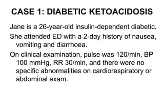 Bedside glucose is ‘Hi’.
VBG result was pH 7.26, pCO2 16 mmHg,
HCO3 7.1 mmol/L, K 3.8 mmol/L, BE −14
mEq/L and lactate 7.2...