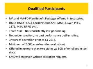 Qualified Participants
• MA and MA-PD Plan Benefit Packages offered in test states.
• HMO, HMO-POS & Local PPO (no SNP, MMP, EGWP, PFFS,
1876, MSA, RPPO etc.).
• Three Star – Not consistently low performing.
• Not under sanction, no past performance outlier rating.
• 3 years of operation prior to CY 2017.
• Minimum of 2,000 enrollees (for evaluation).
• Offered in no more than two states w/ 50% of enrollees in test
state.
• CMS will entertain written exception requests.
12
 