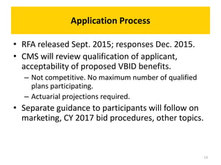 Application Process
• RFA released Sept. 2015; responses Dec. 2015.
• CMS will review qualification of applicant,
acceptability of proposed VBID benefits.
– Not competitive. No maximum number of qualified
plans participating.
– Actuarial projections required.
• Separate guidance to participants will follow on
marketing, CY 2017 bid procedures, other topics.
13
 