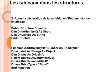 Les tableaux dans les structures


2. Après la déclaration de la variable, on 'Redimensionne'
le tableau.

Public Structure DriveInfo
Dim DriveNumber() As Short
Dim DriveType As String
End Structure


Function AddDrive(ByRef Number As ShorByRef
DriveLabel As String) As Object
Dim Drives As DriveInfo
Redim Drives.DriveNumber(25)
Drives.DriveNumber(3)=12
Drives.DriveType = "Fixed"
End Function
 