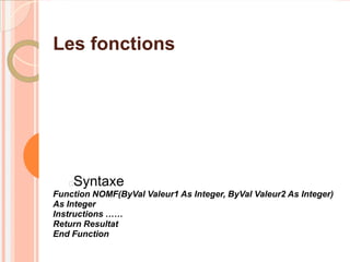 Les fonctions




   Syntaxe
Function NOMF(ByVal Valeur1 As Integer, ByVal Valeur2 As Integer)
As Integer
Instructions ……
Return Resultat
End Function
 