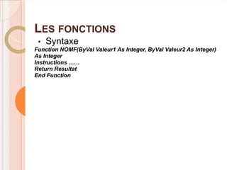 LES FONCTIONS
 •   Syntaxe
Function NOMF(ByVal Valeur1 As Integer, ByVal Valeur2 As Integer)
As Integer
Instructions ……
Return Resultat
End Function
 