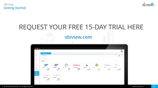 © 2018 Visual BI Solutions, Inc. All rights reserved. www.visualbi.com 21
VBI View
Getting Started
REQUEST YOUR FREE 15-DAY TRIAL HERE
vbiview.com
 