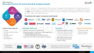 © 2018 Visual BI Solutions, Inc. All rights reserved. www.visualbi.com 3
ABOUT VISUAL BI
All-in-One Partner for End-to-End BI & Analytics Needs
Visual BI Solutions is a leading All-in-One Business Intelligence (BI) enablement firm specializing in BI &
Analytics services, solutions, trainings and products. We have proven expertise in enabling BI & Analytics
for 100+ world’s leading brands. We can help you achieve competitive advantage by effectively managing
the Plan - Build - Run spectrum for BI.
Trusted by the largest companies world-wide
Trusted by
the industry
Integration and Partnership with
SAP and Microsoft is our forte
CONSULTING SERVICES
• Strategy
• Architecture Implementation
• Training
• Managed Services
• Visualization
• Cloud Migrations
ANALYTICS SOLUTIONS
• Dashboards by LOB
• Advanced Analytics
• Big Data Solutions
TRAINING
• SAP Business Objects Training
§ SAP Lumira Discovery (2 Days)
§ SAP Lumira Designer (3 Days )
§ SAP Web Intelligence (2 Days)
§ SAP Analysis for Office (2 Days)
• SAP Analytics Cloud Training
• Microsoft Power BI Training
• Tableau Training
SOFTWARE PRODUCTS
• VBI View – One Portal for All BI Content
• Product Extensions for SAP Lumira / SAP Design Studio
§ Visual BI Extensions (VBX Suite)
§ Document Management and Change Control
• Value Driver Tree (VDT) for Planning and Simulations
 
