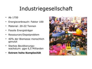 Industriegesellschaft Ab 1750 Energieverbrauch: Faktor 100 Material: 20-22 Tonnen Fossile Energieträger  Ressourcen/Depotproblem 40% der Biomasse menschlich genutzt Starkes Bevölkerungs-wachstum: ggw 6,5 Milliarden Extrem hohe Komplexität 