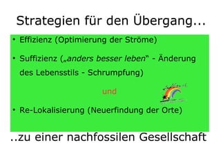 Strategien für den Übergang... Effizienz (Optimierung der Ströme) Suffizienz („ anders besser leben “ - Änderung des Lebensstils - Schrumpfung) und  Re-Lokalisierung (Neuerfindung der Orte) Strategien für den Übergang... Strategien für den Übergang... ..zu einer nachfossilen Gesellschaft 