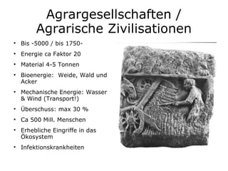 Agrargesellschaften / Agrarische Zivilisationen Bis -5000 / bis 1750- Energie ca Faktor 20 Material 4-5 Tonnen Bioenergie:  Weide, Wald und Acker Mechanische Energie: Wasser & Wind (Transport!) Überschuss: max 30 % Ca 500 Mill. Menschen Erhebliche Eingriffe in das Ökosystem Infektionskrankheiten 