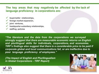 The  key  areas  that  may  negatively be  affected  by the lack of language proficiency  in corporations are:  buyer/seller  relationships, foreign market expansion, joint  ventures, headquarter-subsidiary relationships, staffing  policies “ The  literature  and  the  data  from  the  corporations  we  surveyed strongly suggest that there are measurable economic returns on English and  plurilingual  skills  for  individuals,  corporations, and  economies. TIRF’s findings also suggest that there is a considerable price to be paid if corporate global and local communications fail, or are ineffective due to  poor  language  proficiency  of employees.”  (The Impact of English and Plurilingualism  in Global Corporations - TIRF Report) 