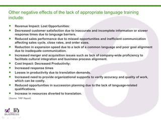 Other negative effects of the lack of appropriate language training include:  Revenue Impact: Lost Opportunities: Decreased customer satisfaction due to inaccurate and incomplete information or slower response times due to language barriers. Reduced sales performance due to missed opportunities and inefficient communication affecting sales cycle, close rates, and order sizes. Reduction in expansion speed due to a lack of a common language and poor goal alignment due to inadequate communication. Increased merger and acquisition issues such as lack of company-wide proficiency to facilitate cultural integration and business process alignment.  Cost Impact: Decreased Productivity: Increased response times Losses in productivity due to translation demands. Increased need to provide organizational supports to verify accuracy and quality of work, which can be costly. Reduced opportunities in succession planning due to the lack of language-related qualifications. Increase in resources diverted to translation. (Source: TIRF Report)   