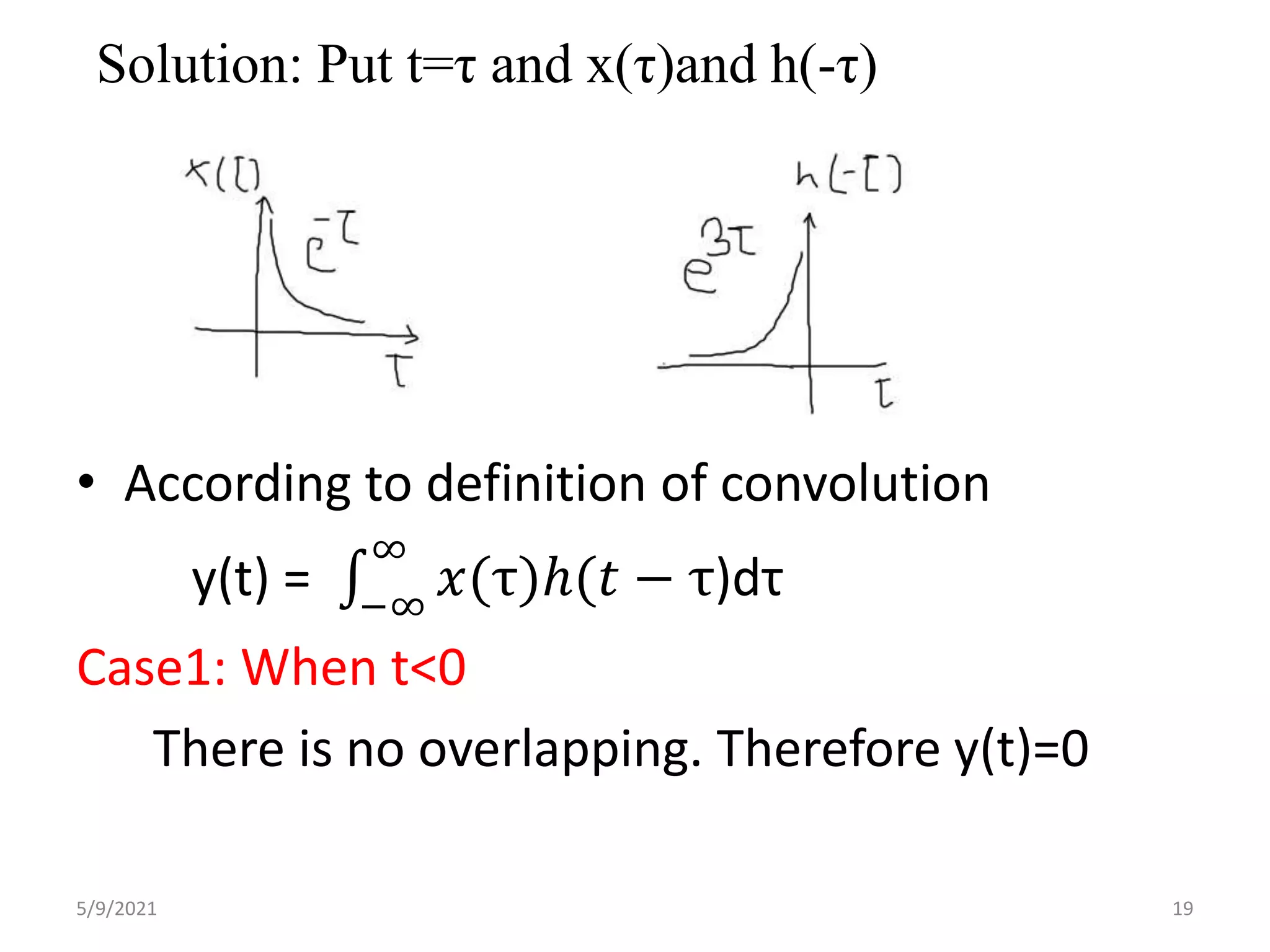 Solution: Put t=τ and x(τ)and h(-τ)
• According to definition of convolution
y(t) = −∞
∞
𝑥(τ)ℎ(𝑡 − τ)dτ
Case1: When t<0
There is no overlapping. Therefore y(t)=0
5/9/2021 19
 