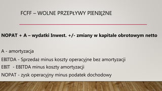 FCFF – WOLNE PRZEPŁYWY PIENIĘŻNE
NOPAT + A – wydatki Inwest. +/- zmiany w kapitale obrotowym netto
A - amortyzacja
EBITDA - Sprzedaż minus koszty operacyjne bez amortyzacji
EBIT - EBITDA minus koszty amortyzacji
NOPAT - zysk operacyjny minus podatek dochodowy
 
