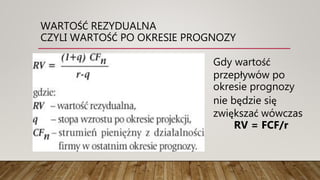 WARTOŚĆ REZYDUALNA
CZYLI WARTOŚĆ PO OKRESIE PROGNOZY
Gdy wartość
przepływów po
okresie prognozy
nie będzie się
zwiększać wówczas
RV = FCF/r
 